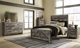 Wynnlow Rustic Gray Dresser-Mirror-Queen Crossbuck Bed-Nightstand